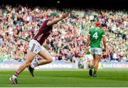 8 July 2023; Cathal Mannion of Galway celebrates after scoring his side's first goal during the GAA Hurling All-Ireland Senior Championship semi-final match between Limerick and Galway at Croke Park in Dublin. Photo by John Sheridan/Sportsfile