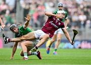8 July 2023; Daithí Burke of Galway in action against Peter Casey of Limerick during the GAA Hurling All-Ireland Senior Championship semi-final match between Limerick and Galway at Croke Park in Dublin. Photo by Piaras Ó Mídheach/Sportsfile