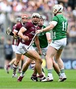 8 July 2023; Daithí Burke of Galway in action against Peter Casey and Cian Lynch, 11, of Limerick during the GAA Hurling All-Ireland Senior Championship semi-final match between Limerick and Galway at Croke Park in Dublin. Photo by Piaras Ó Mídheach/Sportsfile