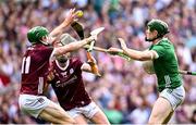 8 July 2023; Cianan Fahy of Galway in action against William O'Donoghue of Limerick during the GAA Hurling All-Ireland Senior Championship semi-final match between Limerick and Galway at Croke Park in Dublin. Photo by Ramsey Cardy/Sportsfile