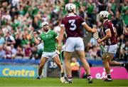 8 July 2023; Aaron Gillane of Limerick celebrates after scoring his side's second goal during the GAA Hurling All-Ireland Senior Championship semi-final match between Limerick and Galway at Croke Park in Dublin. Photo by Brendan Moran/Sportsfile