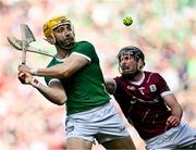8 July 2023; Séamus Flanagan of Limerick in action against Pádraic Mannion of Galway during the GAA Hurling All-Ireland Senior Championship semi-final match between Limerick and Galway at Croke Park in Dublin. Photo by Piaras Ó Mídheach/Sportsfile