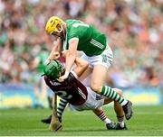8 July 2023; Séamus Flanagan of Limerick tussles with Jack Grealish of Galway during the GAA Hurling All-Ireland Senior Championship semi-final match between Limerick and Galway at Croke Park in Dublin. Photo by Stephen Marken/Sportsfile