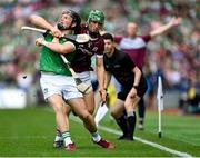 8 July 2023; Peter Casey of Limerick is fouled by Jack Grealish of Galway during the GAA Hurling All-Ireland Senior Championship semi-final match between Limerick and Galway at Croke Park in Dublin. Photo by Stephen Marken/Sportsfile