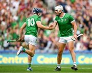 8 July 2023; Aaron Gillane of Limerick celebrates after scoring his side's second goal with David Reidy during the GAA Hurling All-Ireland Senior Championship semi-final match between Limerick and Galway at Croke Park in Dublin. Photo by Stephen Marken/Sportsfile