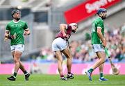 8 July 2023; Daithí Burke of Galway looks on after shooting wide alongside Limerick players Darragh O'Donovan, left, and David Reidy during the GAA Hurling All-Ireland Senior Championship semi-final match between Limerick and Galway at Croke Park in Dublin. Photo by Piaras Ó Mídheach/Sportsfile