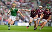 8 July 2023; Séamus Flanagan of Limerick is tackled by Seán Linnane of Galway during the GAA Hurling All-Ireland Senior Championship semi-final match between Limerick and Galway at Croke Park in Dublin. Photo by Brendan Moran/Sportsfile