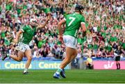 8 July 2023; Aaron Gillane of Limerick celebrates after scoring his side's second goal during the GAA Hurling All-Ireland Senior Championship semi-final match between Limerick and Galway at Croke Park in Dublin. Photo by John Sheridan/Sportsfile