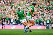 8 July 2023; Aaron Gillane of Limerick celebrates after scoring his side's second goal during the GAA Hurling All-Ireland Senior Championship semi-final match between Limerick and Galway at Croke Park in Dublin. Photo by John Sheridan/Sportsfile