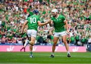 8 July 2023; Aaron Gillane of Limerick celebrates with teammate David Reidy after scoring his side's second goal during the GAA Hurling All-Ireland Senior Championship semi-final match between Limerick and Galway at Croke Park in Dublin. Photo by John Sheridan/Sportsfile