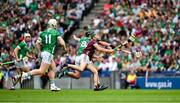 8 July 2023; Brian Concannon of Galway is dispossessed by Darragh O'Donovan of Limerick during the GAA Hurling All-Ireland Senior Championship semi-final match between Limerick and Galway at Croke Park in Dublin. Photo by Brendan Moran/Sportsfile