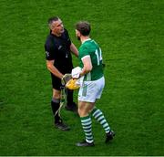 8 July 2023; Séamus Flanagan of Limerick shakes hands with referee James Owens after the GAA Hurling All-Ireland Senior Championship semi-final match between Limerick and Galway at Croke Park in Dublin. Photo by Ray McManus/Sportsfile