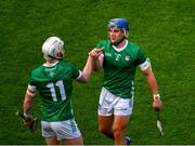 8 July 2023; Cian Lynch and Mike Casey of Limerick, right, after the GAA Hurling All-Ireland Senior Championship semi-final match between Limerick and Galway at Croke Park in Dublin. Photo by Ray McManus/Sportsfile