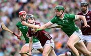 8 July 2023; Liam Collins of Galway in action against William O'Donoghue of Limerick during the GAA Hurling All-Ireland Senior Championship semi-final match between Limerick and Galway at Croke Park in Dublin. Photo by Ramsey Cardy/Sportsfile