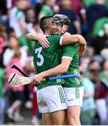 8 July 2023; Dan Morrissey, left, and Diarmaid Byrnes of Limerick celebrate after the GAA Hurling All-Ireland Senior Championship semi-final match between Limerick and Galway at Croke Park in Dublin. Photo by Ramsey Cardy/Sportsfile