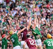 8 July 2023; William O'Donoghue of Limerick beats Joseph Cooney of Galway to the sliotar during the GAA Hurling All-Ireland Senior Championship semi-final match between Limerick and Galway at Croke Park in Dublin. Photo by Ramsey Cardy/Sportsfile