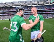 8 July 2023; Limerick players Peter Casey, right, and Graeme Mulcahy celebrate after their side's victory in the GAA Hurling All-Ireland Senior Championship semi-final match between Limerick and Galway at Croke Park in Dublin. Photo by Piaras Ó Mídheach/Sportsfile