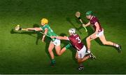8 July 2023; Cathal O'Neill of Limerick is tackled by Daithí Burke and Cianan Fahy of Galway, right, during the GAA Hurling All-Ireland Senior Championship semi-final match between Limerick and Galway at Croke Park in Dublin. Photo by Ray McManus/Sportsfile