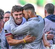 8 July 2023; Aaron Gillane of Limerick celebrates with Limerick strength & conditioning coach Cairbre Ó Cairealláin after the GAA Hurling All-Ireland Senior Championship semi-final match between Limerick and Galway at Croke Park in Dublin. Photo by Piaras Ó Mídheach/Sportsfile