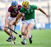 8 July 2023; Conor Cooney of Galway in action against Dan Morrissey of Limerick  during the GAA Hurling All-Ireland Senior Championship semi-final match between Limerick and Galway at Croke Park in Dublin. Photo by Piaras Ó Mídheach/Sportsfile