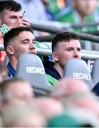 8 July 2023; Injured Limerick hurlers Declan Hannon, right, and Seán Finn during the GAA Hurling All-Ireland Senior Championship semi-final match between Limerick and Galway at Croke Park in Dublin. Photo by Piaras Ó Mídheach/Sportsfile