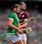 8 July 2023; Gearóid Hegarty of Limerick, left, and Pádraic Mannion of Galway watch a shot by Hegarty go wide during the GAA Hurling All-Ireland Senior Championship semi-final match between Limerick and Galway at Croke Park in Dublin. Photo by Brendan Moran/Sportsfile