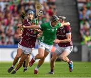 8 July 2023; Peter Casey of Limerick in action against Galway players, from left, Evan Niland and Pádraic Mannion during the GAA Hurling All-Ireland Senior Championship semi-final match between Limerick and Galway at Croke Park in Dublin. Photo by Brendan Moran/Sportsfile