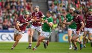 8 July 2023; Peter Casey of Limerick in action against Galway players, from left, Evan Niland and Pádraic Mannion during the GAA Hurling All-Ireland Senior Championship semi-final match between Limerick and Galway at Croke Park in Dublin. Photo by Brendan Moran/Sportsfile