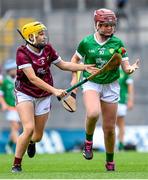 8 July 2023; Emily Gavin, St. Joseph's NS, Ballybrown, Limerick, representing Limerick, and ???Ciara Mullins, Ballyturn NS, Gort, Galway, representing Galway, during the GAA Hurling All-Ireland Senior Championship semi-final match between Limerick and Galway at Croke Park in Dublin. Photo by Ramsey Cardy/Sportsfile