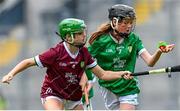 8 July 2023; Ella Donnelly, St. Mary's Stranorlar, Donegal, representing Limerick, and ??????Ellen Moran, Scoil Bhride Kill, Kill, Kildare, representing Galway, during the GAA Hurling All-Ireland Senior Championship semi-final match between Limerick and Galway at Croke Park in Dublin. Photo by Ramsey Cardy/Sportsfile