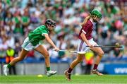 8 July 2023; Sarah Gilmartin, St. Colmcille's NS, Errill, Portlaoise, Laois, representing Galway, and ???Aoibhinn Dore, Killoughteen NS, Newcastle West, Limerick, representing Limerick, during the GAA INTO Cumann na mBunscol Respect Exhibition Go Games at the GAA Hurling All-Ireland Senior Championship semi-final match between Limerick and Galway at Croke Park in Dublin. Photo by Ramsey Cardy/Sportsfile