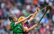 8 July 2023; Ella Donnelly, St. Mary's Stranorlar, Donegal, representing Limerick, and Ciara Mullins, Ballyturn NS, Gort, Galway, representing Galway, during the GAA INTO Cumann na mBunscol Respect Exhibition Go Games at the GAA Hurling All-Ireland Senior Championship semi-final match between Limerick and Galway at Croke Park in Dublin. Photo by Ramsey Cardy/Sportsfile