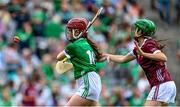 8 July 2023; Emily Gavin, St. Joseph's NS, Ballybrown, Limerick, representing Limerick, and ???Amy Walsh, St Canice's Co-Ed NS, Kilkenny, representing Galway, during the GAA Hurling All-Ireland Senior Championship semi-final match between Limerick and Galway at Croke Park in Dublin. Photo by Ramsey Cardy/Sportsfile