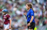 8 July 2023; Referee Éabha Finucane O'Brien, from St Fergals NS, Bray, Wicklow during the GAA INTO Cumann na mBunscol Respect Exhibition Go Games at the GAA Hurling All-Ireland Senior Championship semi-final match between Limerick and Galway at Croke Park in Dublin. Photo by Ramsey Cardy/Sportsfile