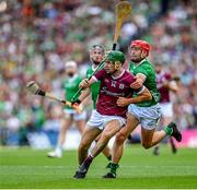 8 July 2023; Brian Concannon of Galway in action against Barry Nash of Limerick during the GAA Hurling All-Ireland Senior Championship semi-final match between Limerick and Galway at Croke Park in Dublin. Photo by Stephen Marken/Sportsfile