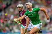 8 July 2023; Kyle Hayes of Limerick in action against Daithí Burke of Galway during the GAA Hurling All-Ireland Senior Championship semi-final match between Limerick and Galway at Croke Park in Dublin. Photo by Stephen Marken/Sportsfile