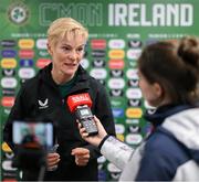 6 July 2023; Republic of Ireland manager Vera Pauw speaks with Kathleen McNamee of OTB Sports after the women's international friendly match between Republic of Ireland and France at Tallaght Stadium in Dublin. Photo by Stephen McCarthy/Sportsfile