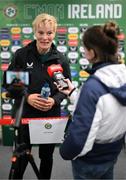 6 July 2023; Republic of Ireland manager Vera Pauw speaks with Kathleen McNamee of OTB Sports after the women's international friendly match between Republic of Ireland and France at Tallaght Stadium in Dublin. Photo by Stephen McCarthy/Sportsfile