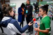 6 July 2023; Marissa Sheva of Republic of Ireland speaks with Kathleen McNamee of OTB Sports after the women's international friendly match between Republic of Ireland and France at Tallaght Stadium in Dublin. Photo by Stephen McCarthy/Sportsfile