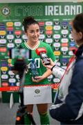 6 July 2023; Marissa Sheva of Republic of Ireland speaks with Kathleen McNamee of OTB Sports after the women's international friendly match between Republic of Ireland and France at Tallaght Stadium in Dublin. Photo by Stephen McCarthy/Sportsfile