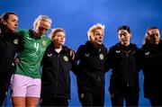 6 July 2023; Republic of Ireland manager Vera Pauw with, from left, physiotherapist Angela Kenneally, Louise Quinn, team doctor Siobhan Forman, masseuse Suzie Coffey and Harriet Scott after the women's international friendly match between Republic of Ireland and France at Tallaght Stadium in Dublin. Photo by Stephen McCarthy/Sportsfile