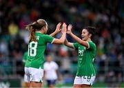 6 July 2023; Marissa Sheva, right, and Kyra Carusa of Republic of Ireland during the women's international friendly match between Republic of Ireland and France at Tallaght Stadium in Dublin. Photo by Stephen McCarthy/Sportsfile