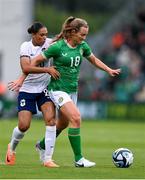 6 July 2023; Kyra Carusa of Republic of Ireland in action against Estelle Cascarino of France during the women's international friendly match between Republic of Ireland and France at Tallaght Stadium in Dublin. Photo by Stephen McCarthy/Sportsfile