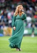 6 July 2023; Singer Lisa Lambe preforms Amhrán na bhFiann before the women's international friendly match between Republic of Ireland and France at Tallaght Stadium in Dublin. Photo by Stephen McCarthy/Sportsfile