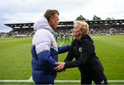 6 July 2023; Republic of Ireland manager Vera Pauw shakes hands with France manager Hervé Renard before the women's international friendly match between Republic of Ireland and France at Tallaght Stadium in Dublin. Photo by Stephen McCarthy/Sportsfile