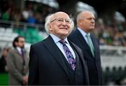 6 July 2023; President of Ireland Michael D Higgins and FAI President Gerry McAnaney, right, before the women's international friendly match between Republic of Ireland and France at Tallaght Stadium in Dublin. Photo by Stephen McCarthy/Sportsfile