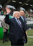 6 July 2023; President of Ireland Michael D Higgins and FAI President Gerry McAnaney, right, before the women's international friendly match between Republic of Ireland and France at Tallaght Stadium in Dublin. Photo by Stephen McCarthy/Sportsfile