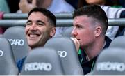 8 July 2023; Injured Limerick players Sean Finn, left, and Declan Hannon sit in the substitutes bench before the GAA Hurling All-Ireland Senior Championship semi-final match between Limerick and Galway at Croke Park in Dublin. Photo by Brendan Moran/Sportsfile