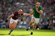 8 July 2023; Conor Whelan of Galway in action against Dan Morrissey of Limerick during the GAA Hurling All-Ireland Senior Championship semi-final match between Limerick and Galway at Croke Park in Dublin. Photo by Brendan Moran/Sportsfile