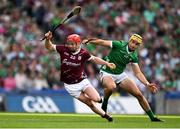 8 July 2023; Tom Monaghan of Galway in action against Cathal O'Neill of Limerick during the GAA Hurling All-Ireland Senior Championship semi-final match between Limerick and Galway at Croke Park in Dublin. Photo by Brendan Moran/Sportsfile